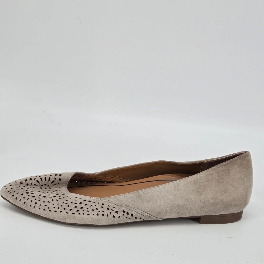 Vionic Carmela Perforated Suede Pointed Toe Ballet Flats Greige Women's Size 10